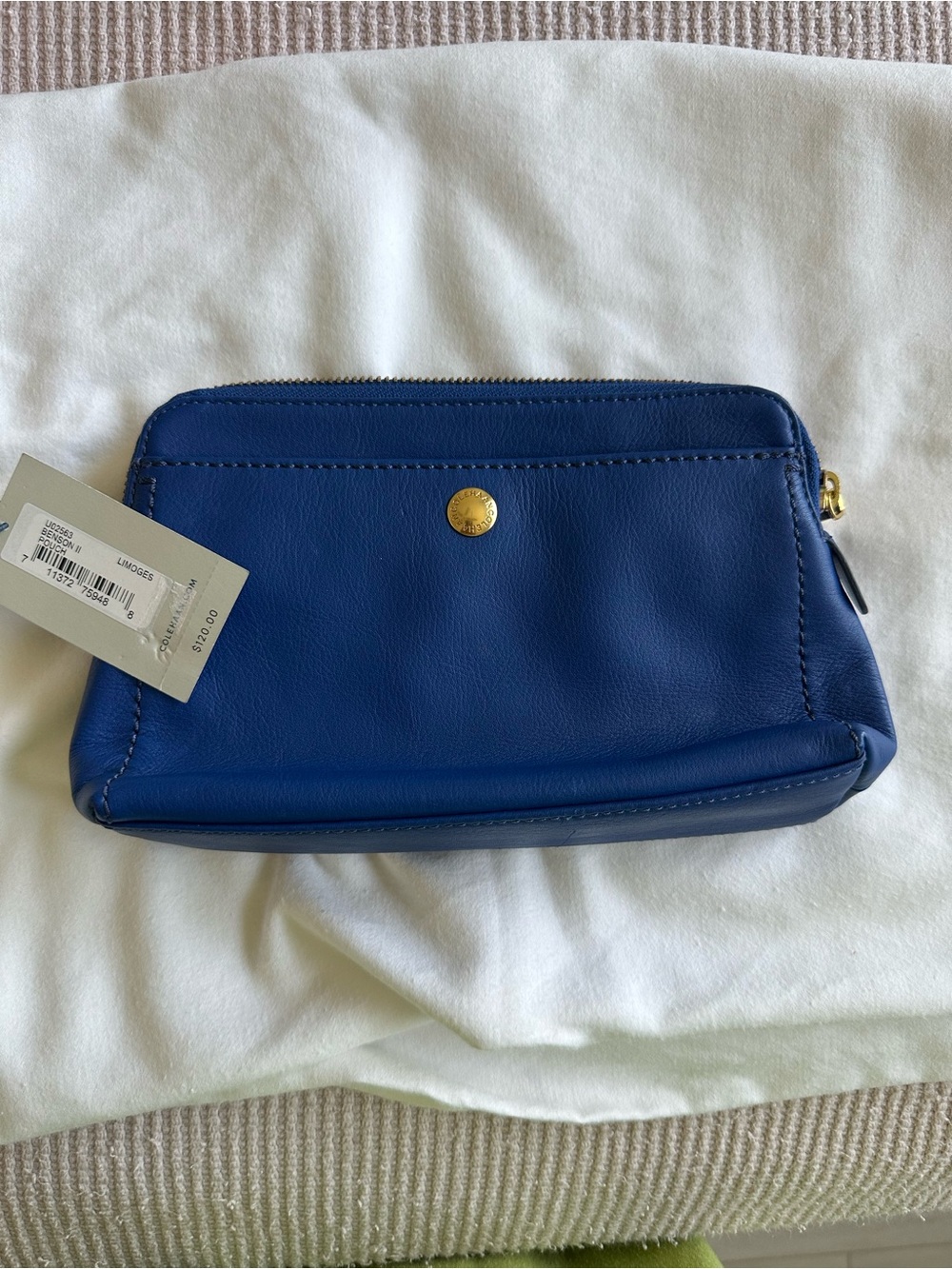 Cole Hann Blue Leather Women's Zip Clutch with Gold Button